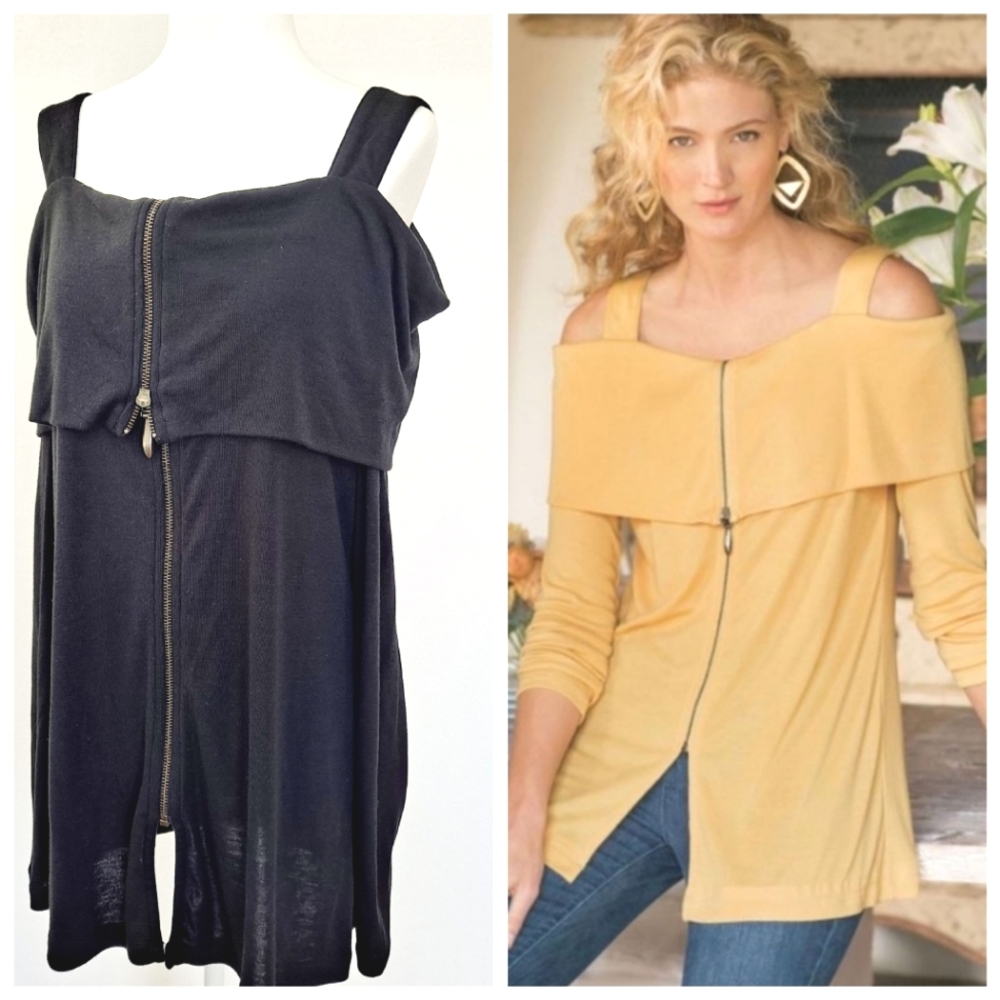 Soft Surroundings Black Zip Front Cold Shoulder Knit Top szM
